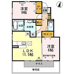 ソレイユI 1階2LDKの間取り