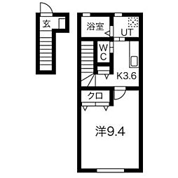 シンシア北上 2階1Kの間取り