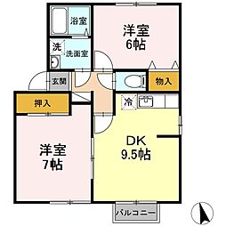 セジュールユウアイB棟 2DKの間取図画像