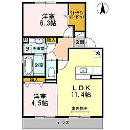 グランユニティーD棟 2LDKの間取図画像