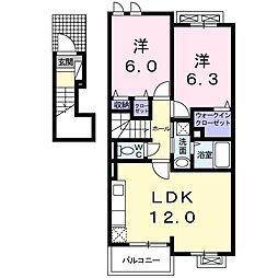 サニーヒルB館 2LDKの間取図画像