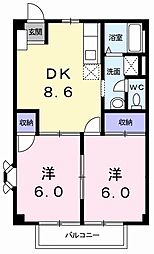 コモドハイツＡ 2階2DKの間取り