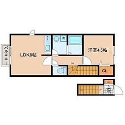 アスコット台原B棟 2階1LDKの間取り