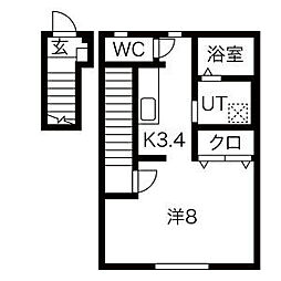 ワンリッチ上野町A 2階1Kの間取り