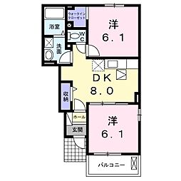 ラ・リューアB棟 2DKの間取図画像