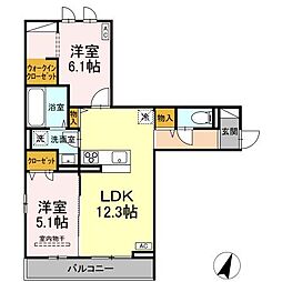 セレスティア大和町 2階2LDKの間取り
