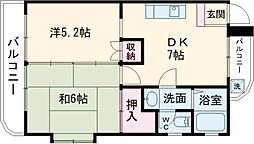 JR豊肥本線 武蔵塚駅 徒歩6分の賃貸マンション 3階2DKの間取り
