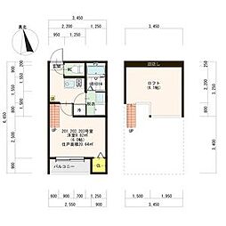 ハーモニーテラスS 2階1Kの間取り