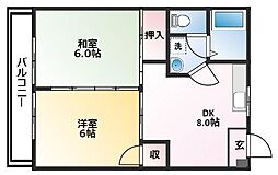 リバープール桟四 3階2DKの間取り