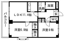 熊本市電A系統 田崎橋駅 徒歩7分の賃貸マンション 9階2LDKの間取り