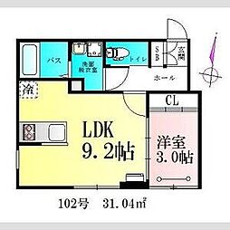 Clover木ノ下 1階1LDKの間取り