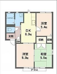 二色の浜グリーンヴィレッジB 1階3DKの間取り