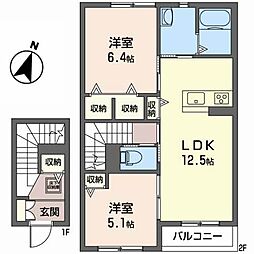 JR東北新幹線 くりこま高原駅 バス10分 築館下車 徒歩13分の賃貸アパート 2階2LDKの間取り