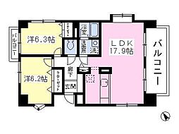JR常磐線 土浦駅 徒歩18分の賃貸マンション 2階2LDKの間取り