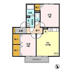 ROYAL GARDEN CASAHARA 2階2DKの間取り