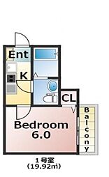 エバーズ鶴ヶ島 2階1Kの間取り