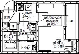 GRADUS鶴ヶ島II 2階1Kの間取り