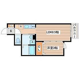 シャンテ富沢 2階1LDKの間取り