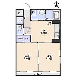 サンライズマンション 3階2DKの間取り