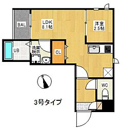 R-smartグランツェーレ唐人町 3階1LDKの間取り