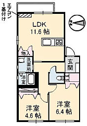 スカイタウン・セノ　Ａ棟 2階2LDKの間取り