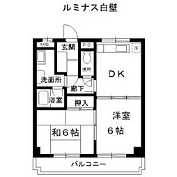 ルミナス白壁 2DKの間取図画像