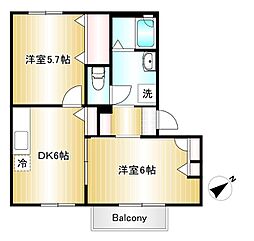 リトルタウンオオヤマB 2DKの間取図画像