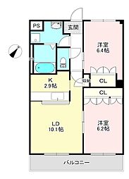 グランデール湯原 2LDKの間取図画像