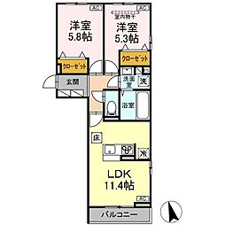 DーROOM六十人町 B B棟 2LDKの間取図画像