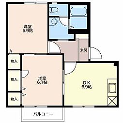 ライフコーポむらかみ 2DKの間取図画像