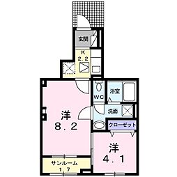 JR鹿児島本線 笹原駅 徒歩22分の賃貸アパート 1階2Kの間取り