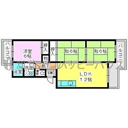 西鉄貝塚線 唐の原駅 徒歩8分の賃貸マンション 2階3LDKの間取り