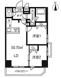 東京メトロ日比谷線 入谷駅 徒歩5分の賃貸マンション 14階2LDKの間取り