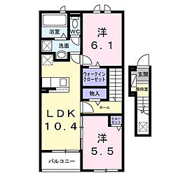 JR東北本線 小山駅 バス8分 下立木下車 徒歩7分の賃貸アパート 2階2LDKの間取り