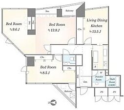 JR山手線 品川駅 徒歩9分の賃貸マンション 18階3LDKの間取り