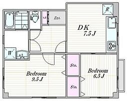 JR埼京線 十条駅 徒歩5分の賃貸アパート 3階2DKの間取り