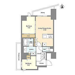 東武伊勢崎線 竹ノ塚駅 徒歩3分の賃貸マンション 2階2LDKの間取り