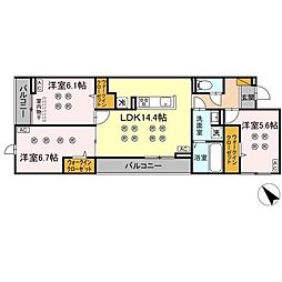 JR内房線 袖ケ浦駅 4.1kmの賃貸アパート 3階3LDKの間取り