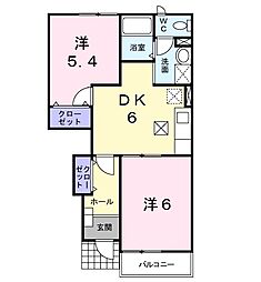 プルメリアＣ 1階2DKの間取り