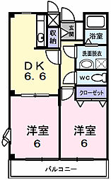 JR青梅線 福生駅 バス7分 草花下車 徒歩2分の賃貸アパート 2階2DKの間取り