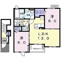 JR横浜線 橋本駅 バス14分 九沢自治会館前下車 徒歩5分の賃貸アパート 2階2LDKの間取り