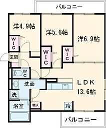 リベルテ四条梅津 2階3LDKの間取り