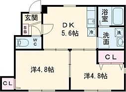 メゾンジェム 1階2DKの間取り