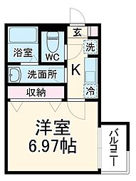 北坂戸ヒルズ 2階1Kの間取り