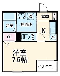 plumas北野 1階1Kの間取り