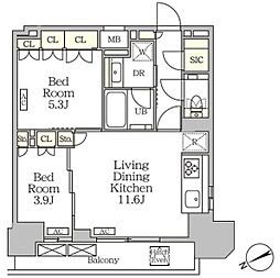 ザ・パークハビオ大森山王 17階2LDKの間取り