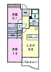京王相模原線 稲城駅 徒歩20分の賃貸マンション 3階2LDKの間取り