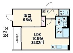 GRADUS鶴ヶ島III 3階1LDKの間取り