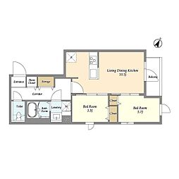 グランカーサ千駄木 2階2LDKの間取り