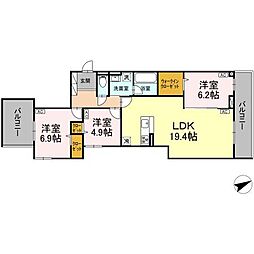 Ｄ−ｒｅｓｉｄｅｎｃｅ稲城 3階3LDKの間取り